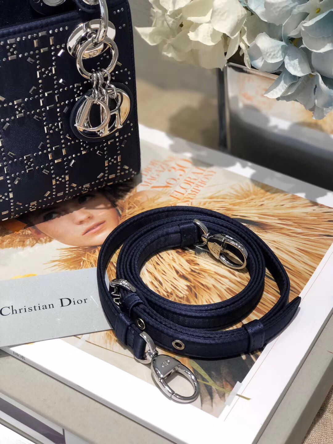 Mini Lady Dior Bag Deep Blue Strass Cannage Satin